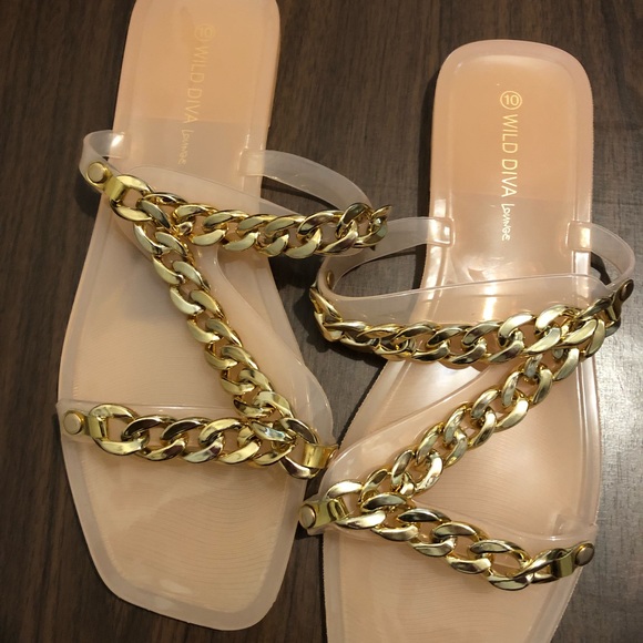 New Wild Diva Lounge Peach Plastic Jelly Flat sandals Size 10 Gold chain Braided - Picture 4 of 16
